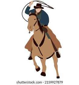 A cowboy in a hat rides a horse and swings a lasso