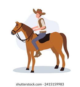 Cowboy in a hat riding a horse. Flat vector cartoon character illustration.