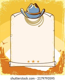 Cowboy Hat And Rodeo Lasso Country Paper Background For Text. Vector Western Illustration Of American Desert Landscape And Sunrise