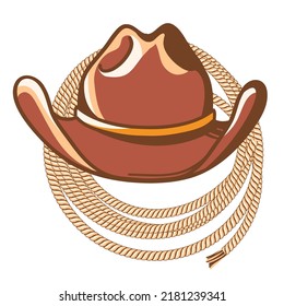 Cowboy Hat And Rodeo Lasso. Vector Western Illustration With Cowboy Hat And Lasso Isolated On White