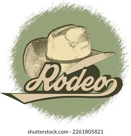 Cowboy hat and Rodeo lettering. Engraving style. Illustration for banner, background, card, mural, poster.