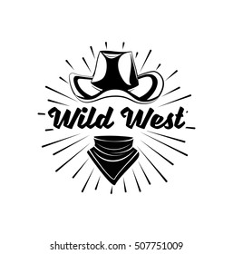 Cowboy hat and scarf. Wild West Label. Rodeo Competition Badge. Western Illustration. Vector Isolated On White Background