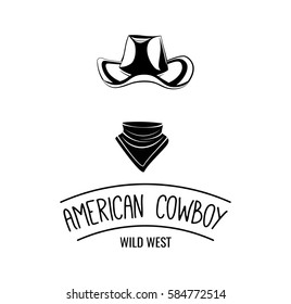 Cowboy hat and scarf. Wild West Label. Rodeo Competition Badge. Western Illustration. Vector Isolated On White Background