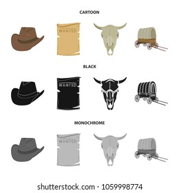 Cowboy hat, is searched, cart, bull skull. Wild West set collection icons in cartoon,black,monochrome style vector symbol stock illustration web.