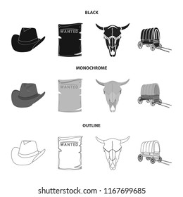 Cowboy hat, is searched, cart, bull s skull. Wild West set collection icons in black,monochrome,outline style vector symbol stock illustration web.