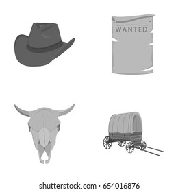 Cowboy hat, is searched, cart, bull s skull. Wild West set collection icons in monochrome style vector symbol stock illustration web.