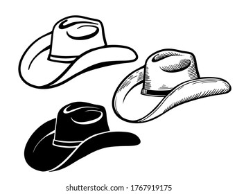 Cowboy hat. Set of American traditional Western hats isolated on white 