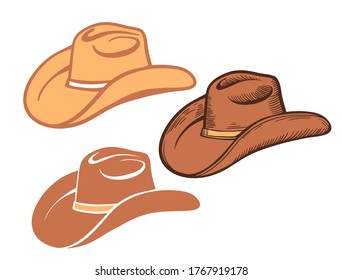 Cowboy hat. Set of brown American traditional Western hats isolated on white 