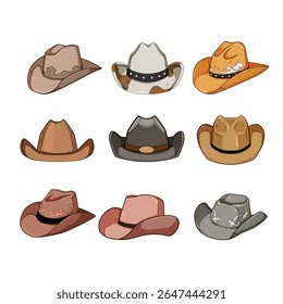 chapéu de vaqueiro definir desenho animado. rancho de rodeio, couro de gado, stetson moda chapéu de vaqueiro sinal.