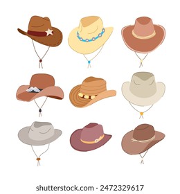 conjunto de sombrero de vaquero de dibujos animados. cuero vintage, país de la silueta, signo de sombrero de vaquero viejo negro. símbolo aislado Ilustración vectorial