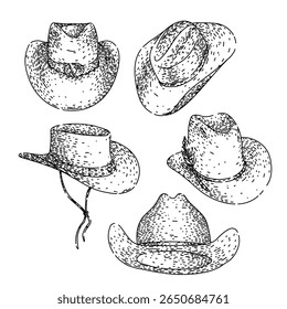 cowboy hat set hand drawn. rodeo ranch, cattle leather, stetson fashion cowboy hat vector sketch. isolated black illustration