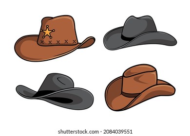 Cowboy Hat Set Vector Illustrations Black Brown