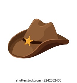 Cowboy hat with sheriffs gold star. Retro headdress of american cowboys and texas cops for rodeo in wild vector west style