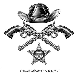 Cowboy hat with sheriffs star badge and a pair of crossed pistols drawn in a vintage retro woodcut etched or engraved style