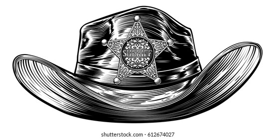 A cowboy hat with a sheriffs star shaped badge in a vintage retro etched or woodcut style