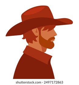 Cowboy in hat. Side view portrait of handsome man in western style hat. Brown hair, white skin, beard. Unrecognizable person. Simple and flat vector illustration of attractive man