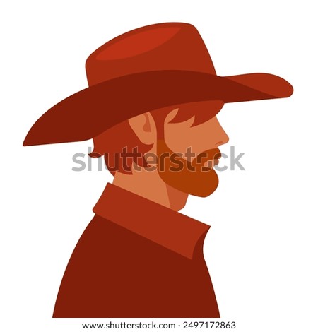 Cowboy in hat. Side view portrait of handsome man in western style hat. Brown hair, white skin, beard. Unrecognizable person. Simple and flat vector illustration of attractive man