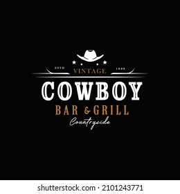 Cowboy Hat Silhouette With Star For Western Rustic Retro Bar And Grill Logo Design