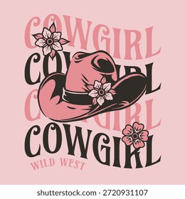 Um chapéu de cowboy senta-se em frente a um texto que lê cowgirl. O design apresenta flores cor-de-rosa e destaca o tema oeste selvagem. O fundo é uma cor rosa claro dando-lhe uma aparência vívida.