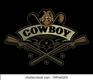 Cowboy hat with the skulls, ribbon and two crossed guns at the bottom, vector cowboy logo.