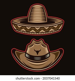 Cowboy hat and sombrero vector objects or design elements in colorful style on dark background. Set of western headdress