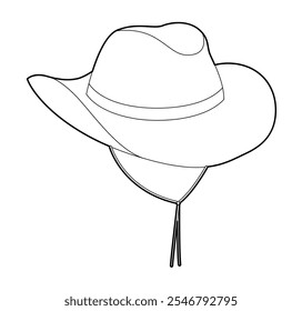 Cowboy Hat with Toggle Chin Strap. Head Fashion accessory cap with wide brim clothing technical illustration. Vector headgear for Men, women, unisex, flat template CAD mockup sketch outline isolated