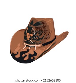 Cowboy hat traditional brown with scull decoration. Vector hand drawn illustration isolated on white background. 