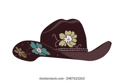 Cowboy hat with traditional western floral decorations. Wild west fashion style. Cowgirl hat Vector realistic illustration isolated on white background.