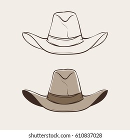 Cowboy hat, two variants, flat color and line icon. Simple cartoon hat, vector illustraion