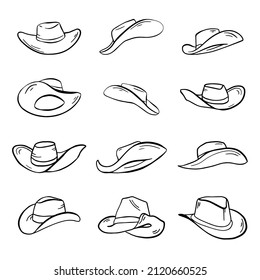 Cowboy hat, vector hand drawn outline collection. Texas logo set. Old west themed illustrations