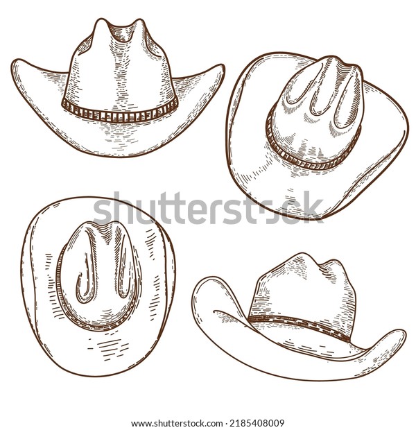Cowboy hat. Vector hand drawn set\
illustration cowboy hats isolated on white\
background.