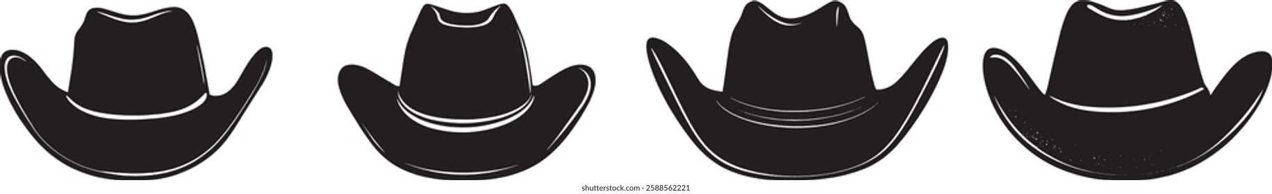 Cowboy Hat Vector Illustration Set, Black Silhouette Isolated on White Background