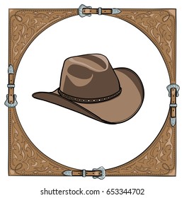 Cowboy hat in the western leather frame on white background. Vector cartoon hand drawn illustration