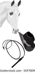 Cowboy Hat, Whip And Horse Head. Vector