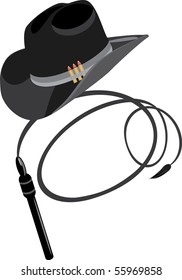 Cowboy hat and whip. Vector