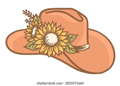 Cowboy hat with yellow sunflowers. Vector Western hat with sunflowers for cowgirl isolated on white. Cut file Hand drawn illustration