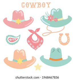 Cowboy hats isolated on white. Vector set of wild west cowboy hats and cowgirl hats in sweet tender colors for design