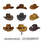 Cowboy Hats set in Various Styles and Colors isolated on white background. Vector Illustration. Cartoon elements for western, cowboy, country, fashion-themed projects, poster and character design.