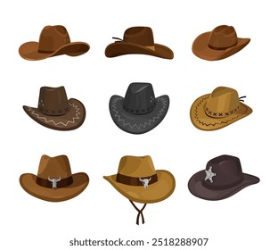 Chapéus Cowboy definido em vários estilos e cores isolados no fundo branco. Ilustração de vetor. Elementos de desenhos animados para western, cowboy, country, projetos de moda, cartaz e design de personagens.