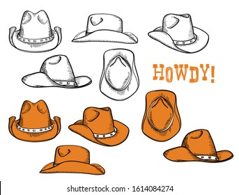 Cowboy hats set. Vector hand drawn graphic illustration of westrn hats clothes isolated on white for design