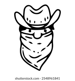 Cowboy head hand drawn doodle. Wild west bandit in bandana and hat. Western. Rancher face. Ranch, farm. Traditional rodeo costume. Vector line art illustration.