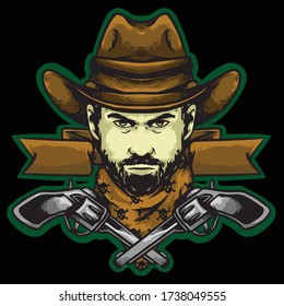 cowboy head with hat and guns vector design