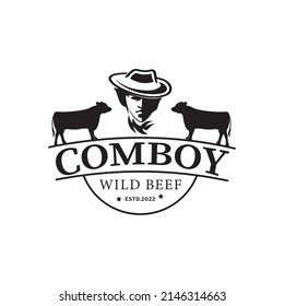Logo de la cabeza de vaca y plantilla de diseño del emblema vintage de dos vacas