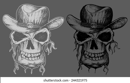 Cowboy head skull in dark and inverted color isolated 