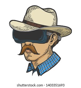 Cowboy head in VR helmet glasses color sketch line art engraving vector illustration. Scratch board style imitation. Hand drawn image.