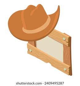 Cowboy headdress icon isometric vector. Brown leather cowboy hat on wooden board. Wild west symbol