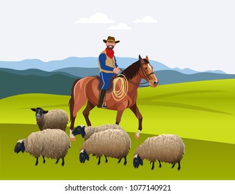 Cowboy herding his flock of sheep. Vector illustration