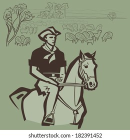 Cowboy herding sheep on the prairie vector illustration