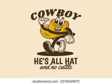 Cowboy, er ist ganz Hut und kein Rind. Vintage-Maskottcharakter, wandelnder Cowboyhut