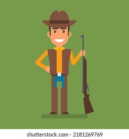 Cowboy holding hand on side holding gun and smiling. Flat people. Vector Illustration